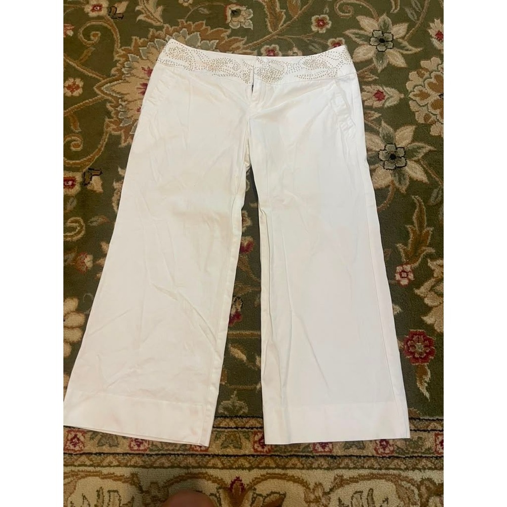 Tommy Hilfiger Womens Lowrise Wide Leg Cropped Pants White Beaded Waist Size 10